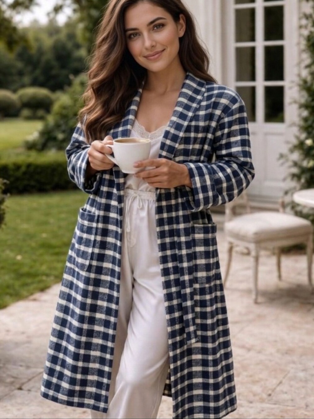 Boll & Branch Organic Cotton Flannel Pajama Nightgown Navy/white Sleepwear Sz M